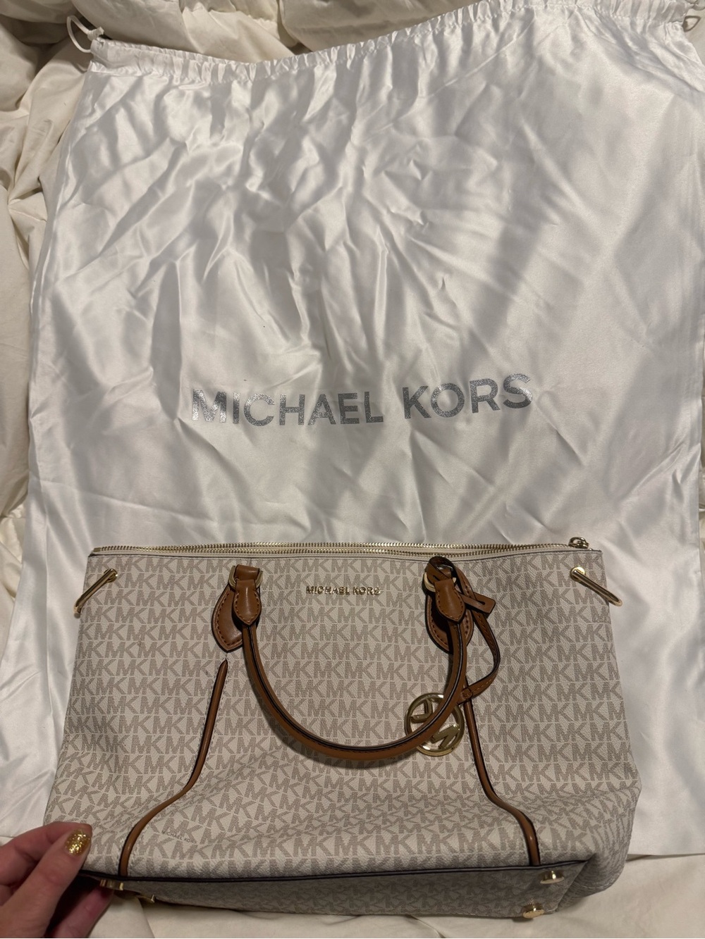 Michael Kors Cream MK Logo Tote with Tan Trim and Gold Hardware Used 1 time